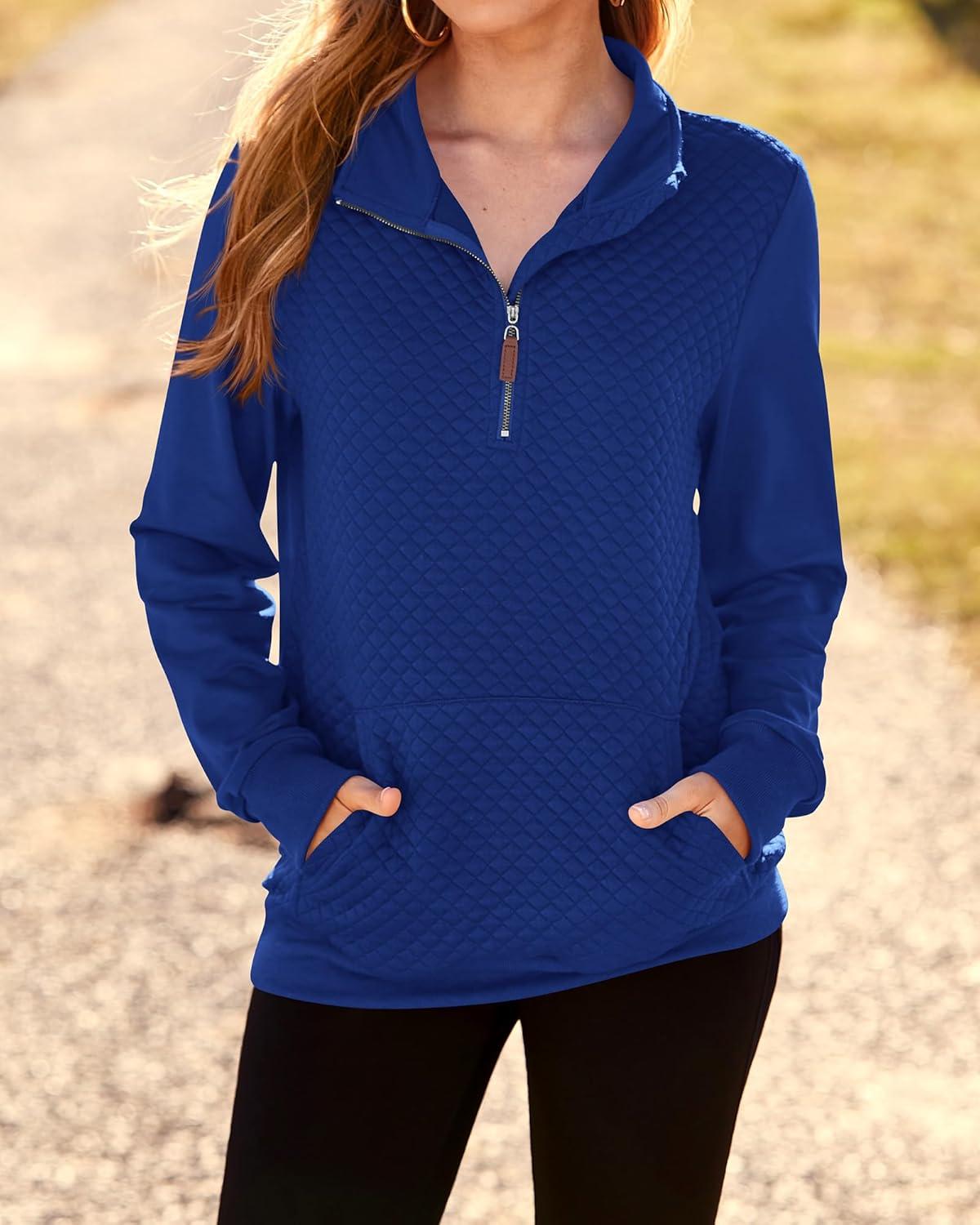 imageBTFBM Women Fashion Quilted Pattern Lightweight Zipper Long Sleeve Plain Casual Ladies Sweatshirts Pullovers Shirts TopsBlue