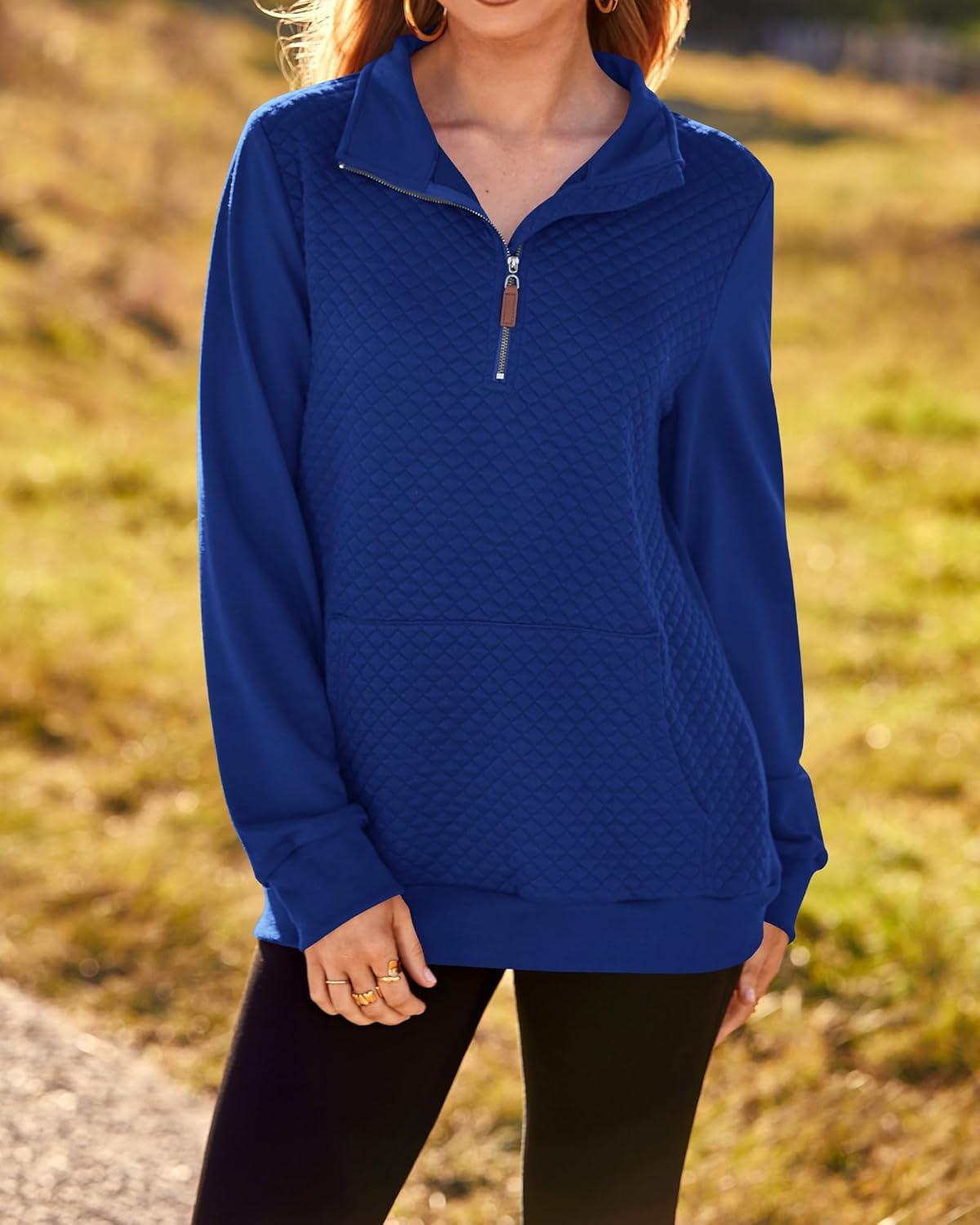 imageBTFBM Women Fashion Quilted Pattern Lightweight Zipper Long Sleeve Plain Casual Ladies Sweatshirts Pullovers Shirts TopsBlue