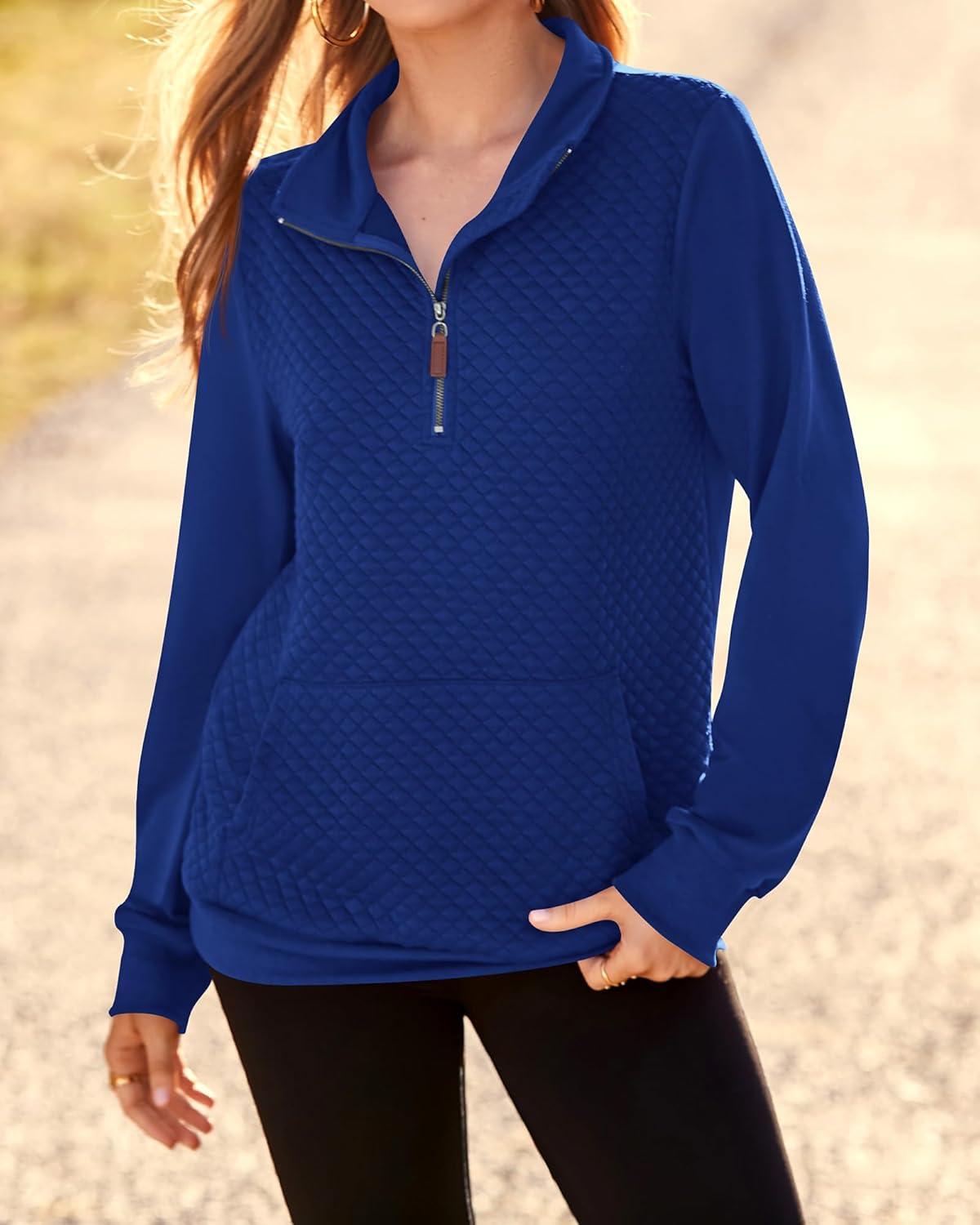 imageBTFBM Women Fashion Quilted Pattern Lightweight Zipper Long Sleeve Plain Casual Ladies Sweatshirts Pullovers Shirts TopsBlue