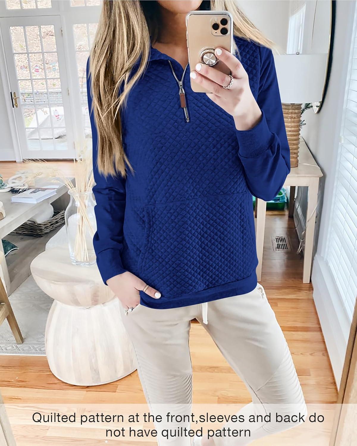 imageBTFBM Women Fashion Quilted Pattern Lightweight Zipper Long Sleeve Plain Casual Ladies Sweatshirts Pullovers Shirts TopsBlue