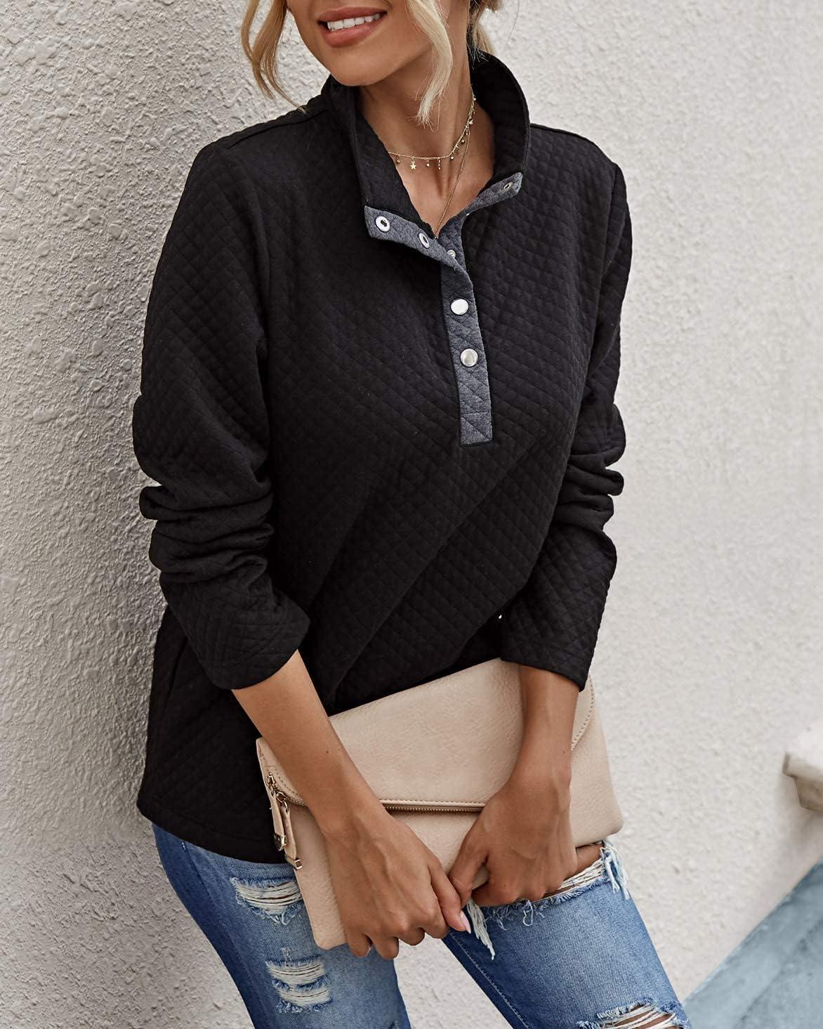imageBTFBM Women Fashion Quilted Pattern Lightweight Zipper Long Sleeve Plain Casual Ladies Sweatshirts Pullovers Shirts TopsButton Black