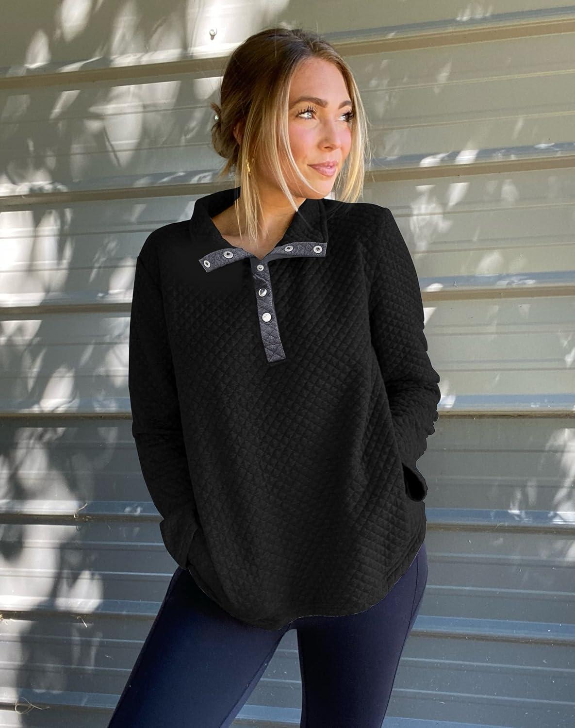 imageBTFBM Women Fashion Quilted Pattern Lightweight Zipper Long Sleeve Plain Casual Ladies Sweatshirts Pullovers Shirts TopsButton Black