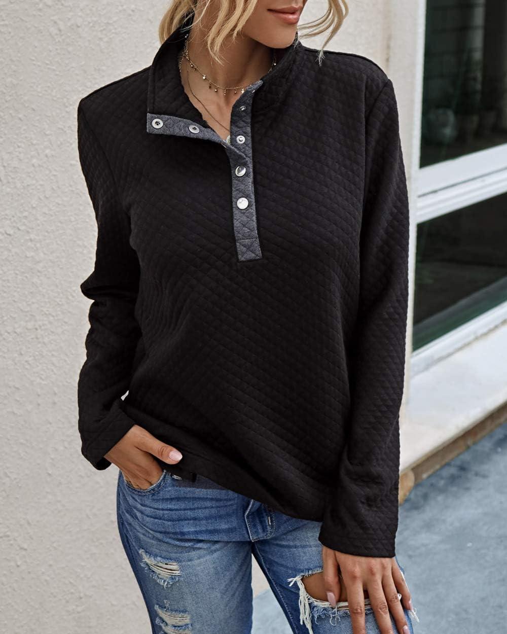 imageBTFBM Women Fashion Quilted Pattern Lightweight Zipper Long Sleeve Plain Casual Ladies Sweatshirts Pullovers Shirts TopsButton Black