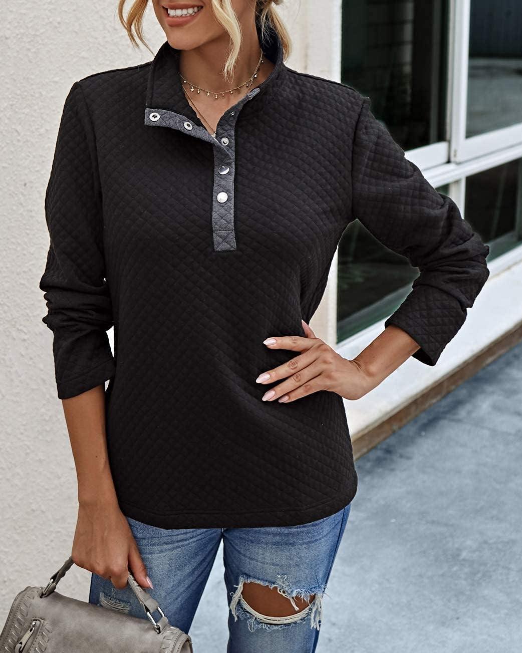 imageBTFBM Women Fashion Quilted Pattern Lightweight Zipper Long Sleeve Plain Casual Ladies Sweatshirts Pullovers Shirts TopsButton Black