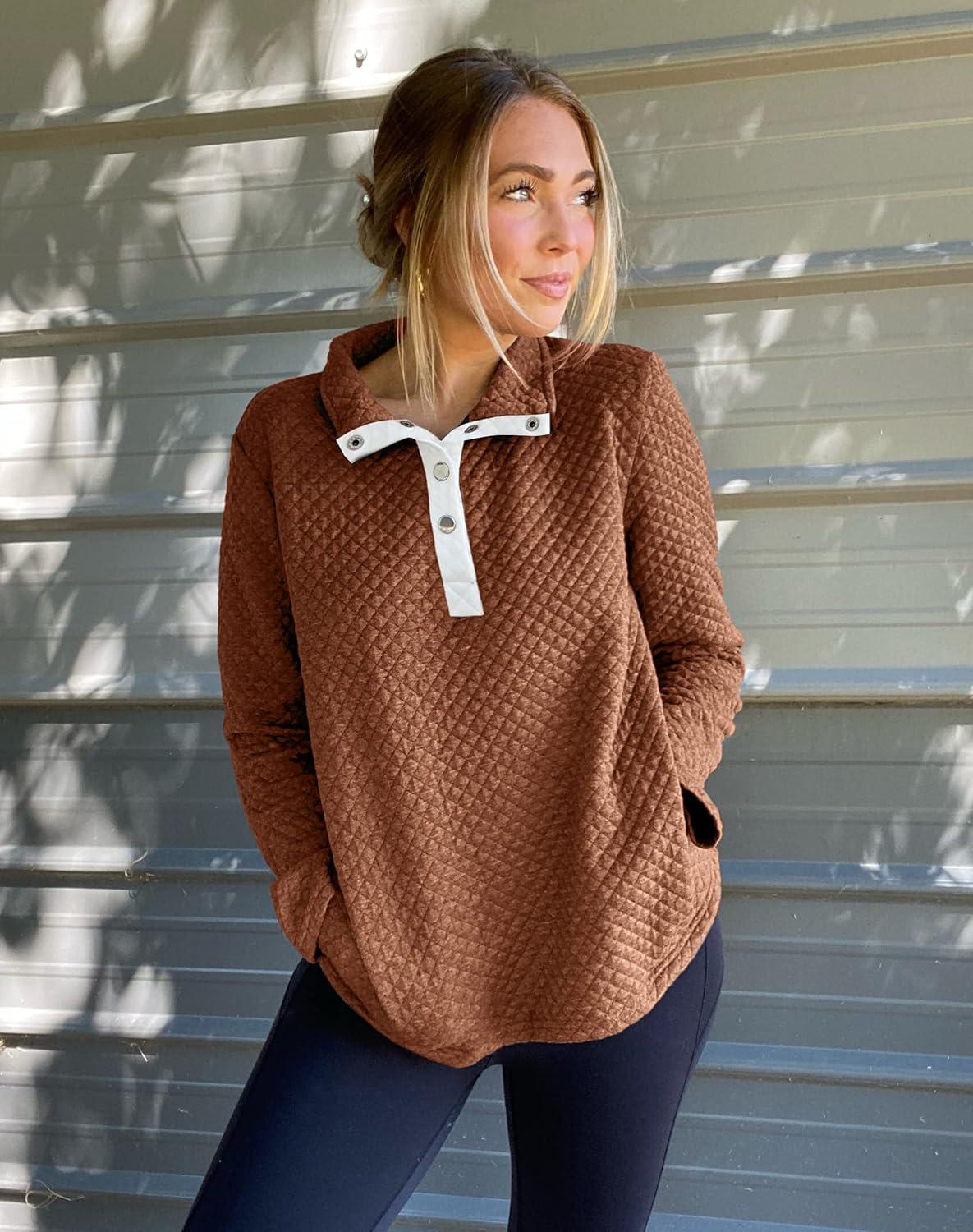 imageBTFBM Women Fashion Quilted Pattern Lightweight Zipper Long Sleeve Plain Casual Ladies Sweatshirts Pullovers Shirts TopsButtons Khaki