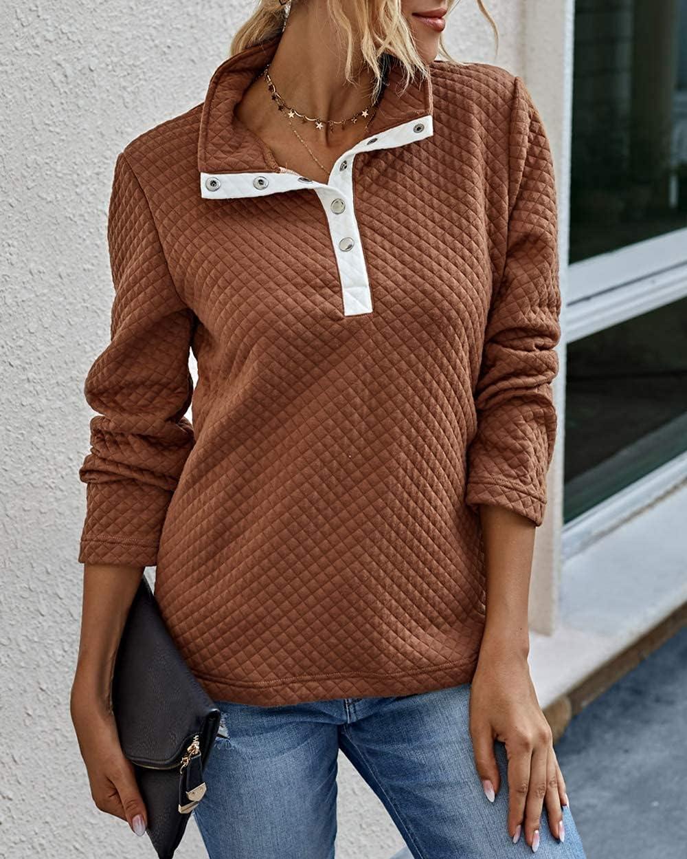 imageBTFBM Women Fashion Quilted Pattern Lightweight Zipper Long Sleeve Plain Casual Ladies Sweatshirts Pullovers Shirts TopsButtons Khaki