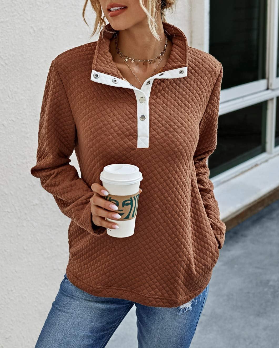 imageBTFBM Women Fashion Quilted Pattern Lightweight Zipper Long Sleeve Plain Casual Ladies Sweatshirts Pullovers Shirts TopsButtons Khaki