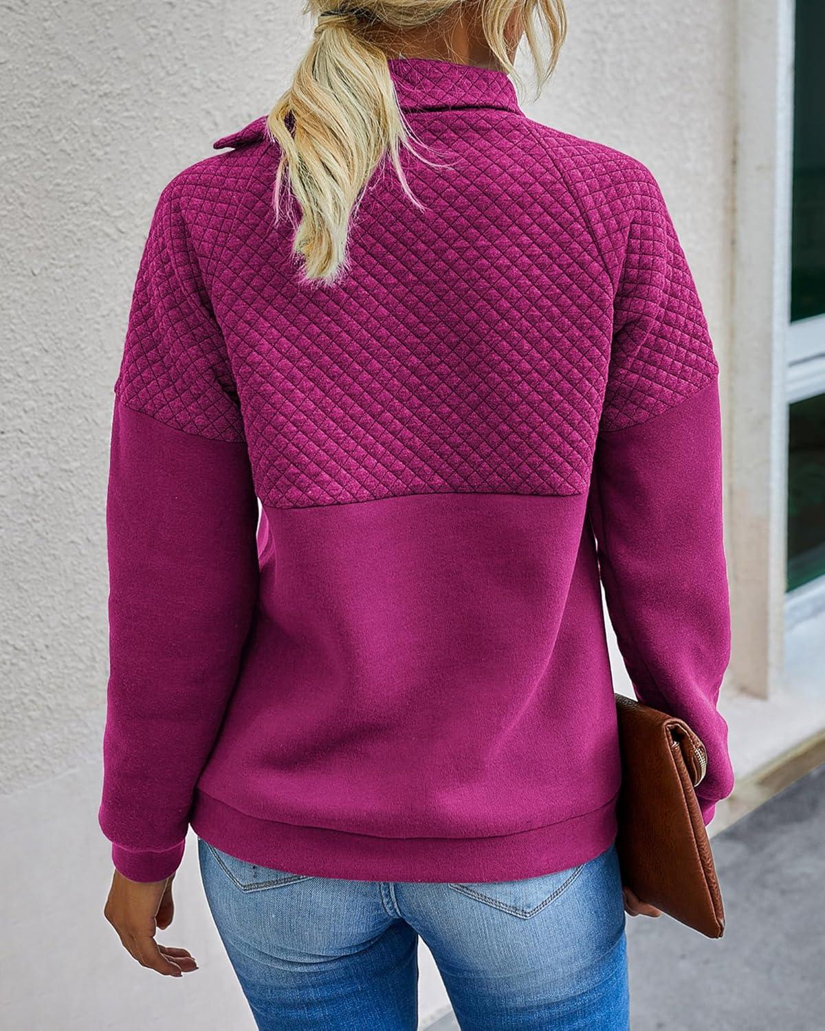 imageBTFBM Women Fashion Quilted Pattern Lightweight Zipper Long Sleeve Plain Casual Ladies Sweatshirts Pullovers Shirts TopsOblique Dark Rose Red