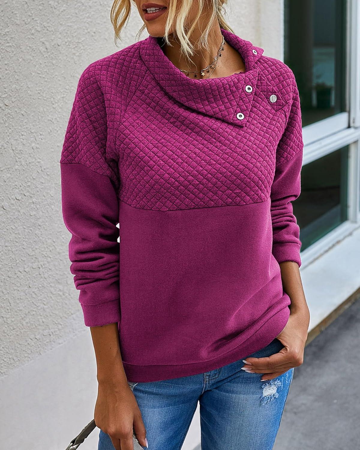 imageBTFBM Women Fashion Quilted Pattern Lightweight Zipper Long Sleeve Plain Casual Ladies Sweatshirts Pullovers Shirts TopsOblique Dark Rose Red