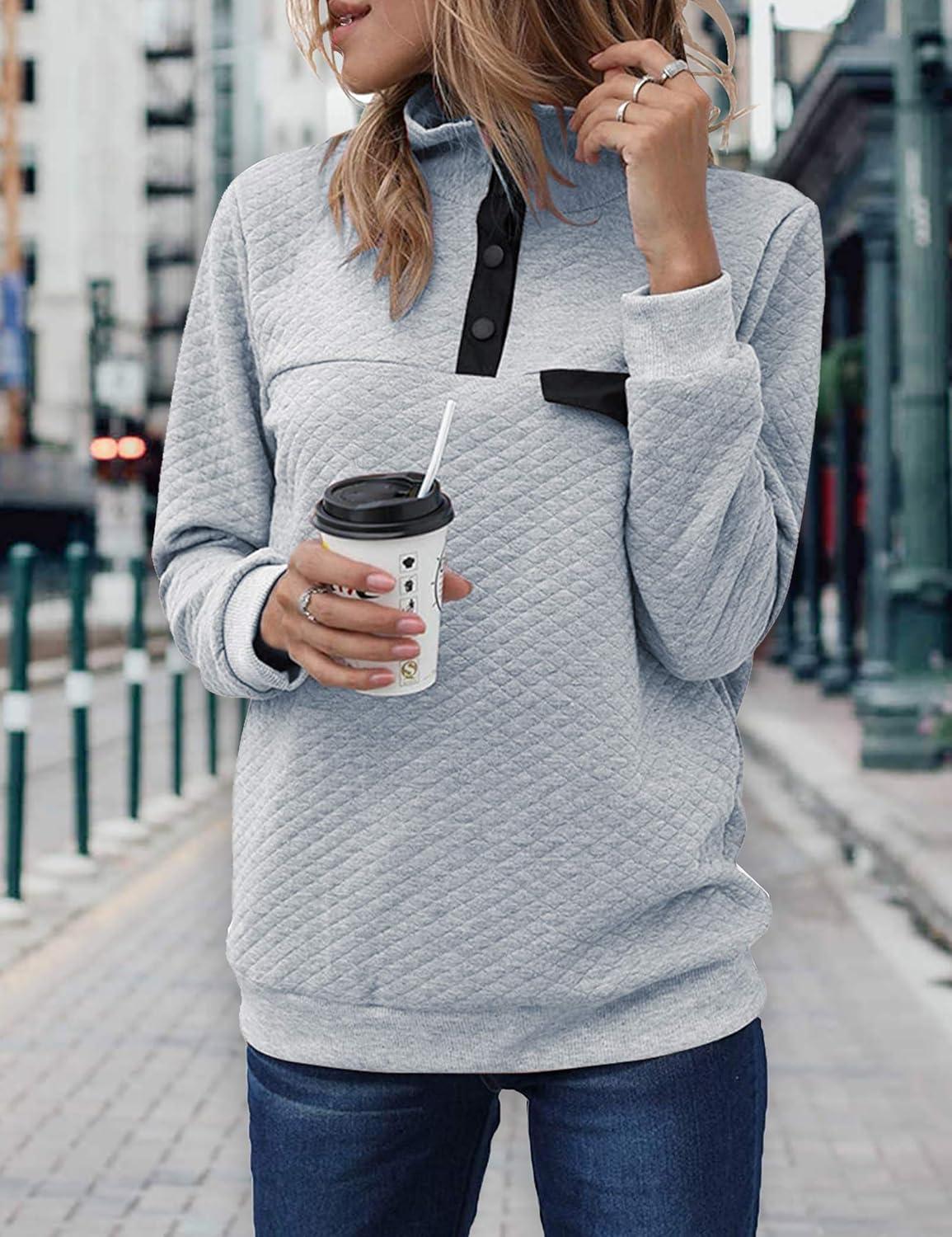 imageBTFBM Women Fashion Quilted Pattern Lightweight Zipper Long Sleeve Plain Casual Ladies Sweatshirts Pullovers Shirts TopsPure Grey