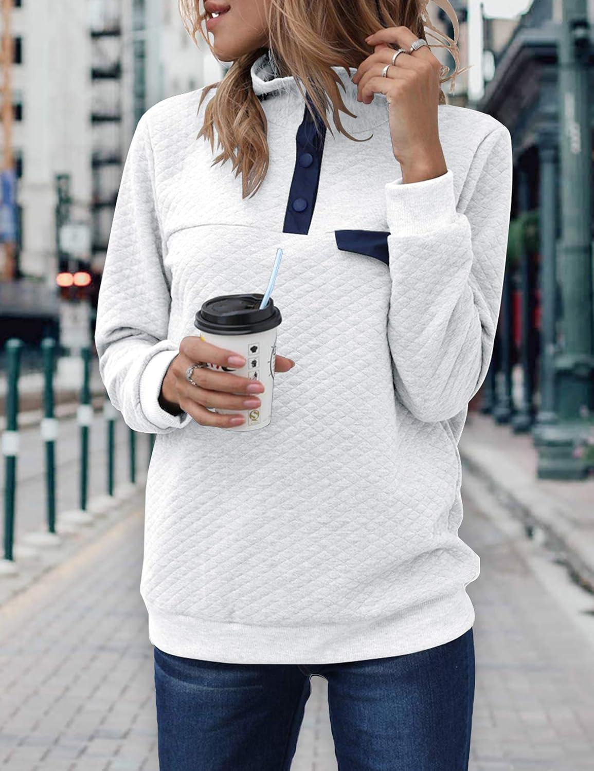 imageBTFBM Women Fashion Quilted Pattern Lightweight Zipper Long Sleeve Plain Casual Ladies Sweatshirts Pullovers Shirts TopsPure White
