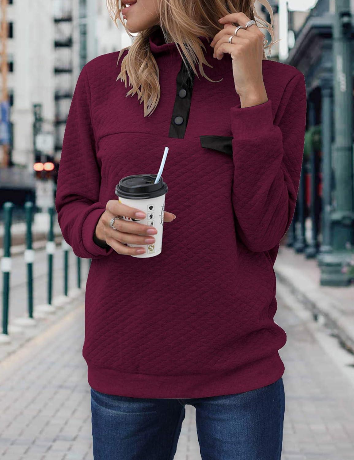 imageBTFBM Women Fashion Quilted Pattern Lightweight Zipper Long Sleeve Plain Casual Ladies Sweatshirts Pullovers Shirts TopsPure Wine Red