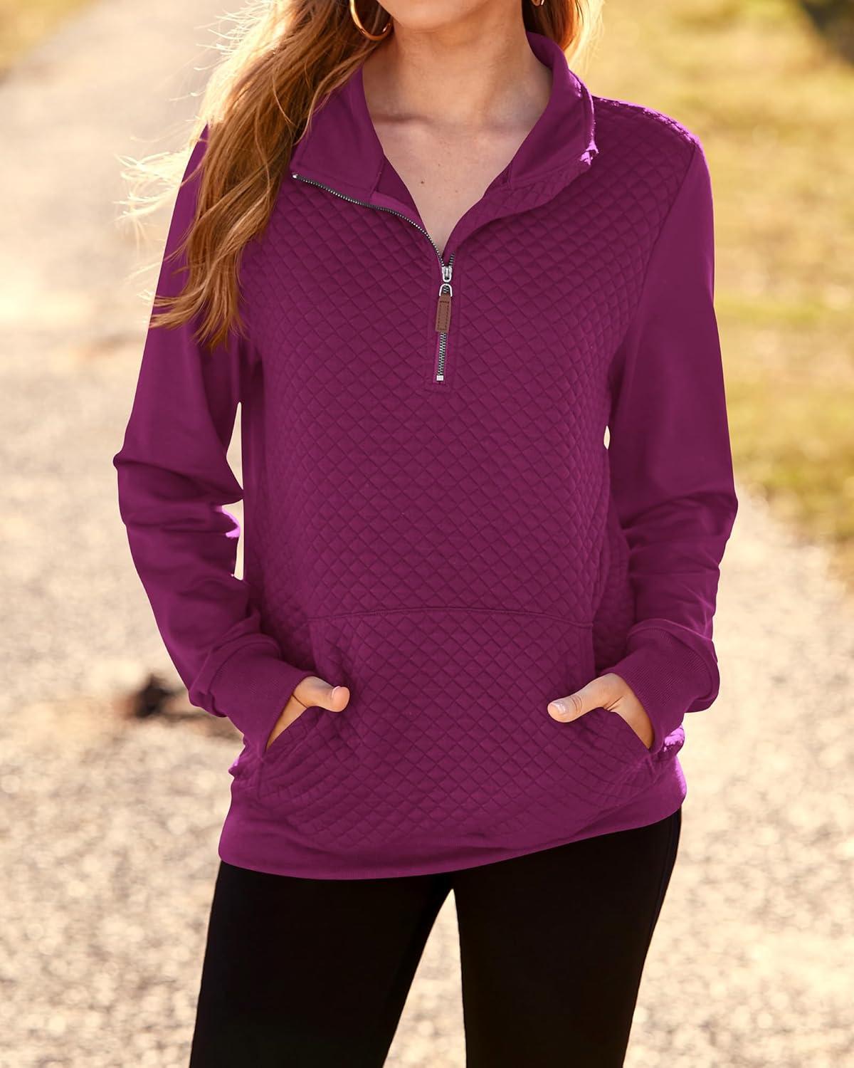 imageBTFBM Women Fashion Quilted Pattern Lightweight Zipper Long Sleeve Plain Casual Ladies Sweatshirts Pullovers Shirts TopsPurple Red