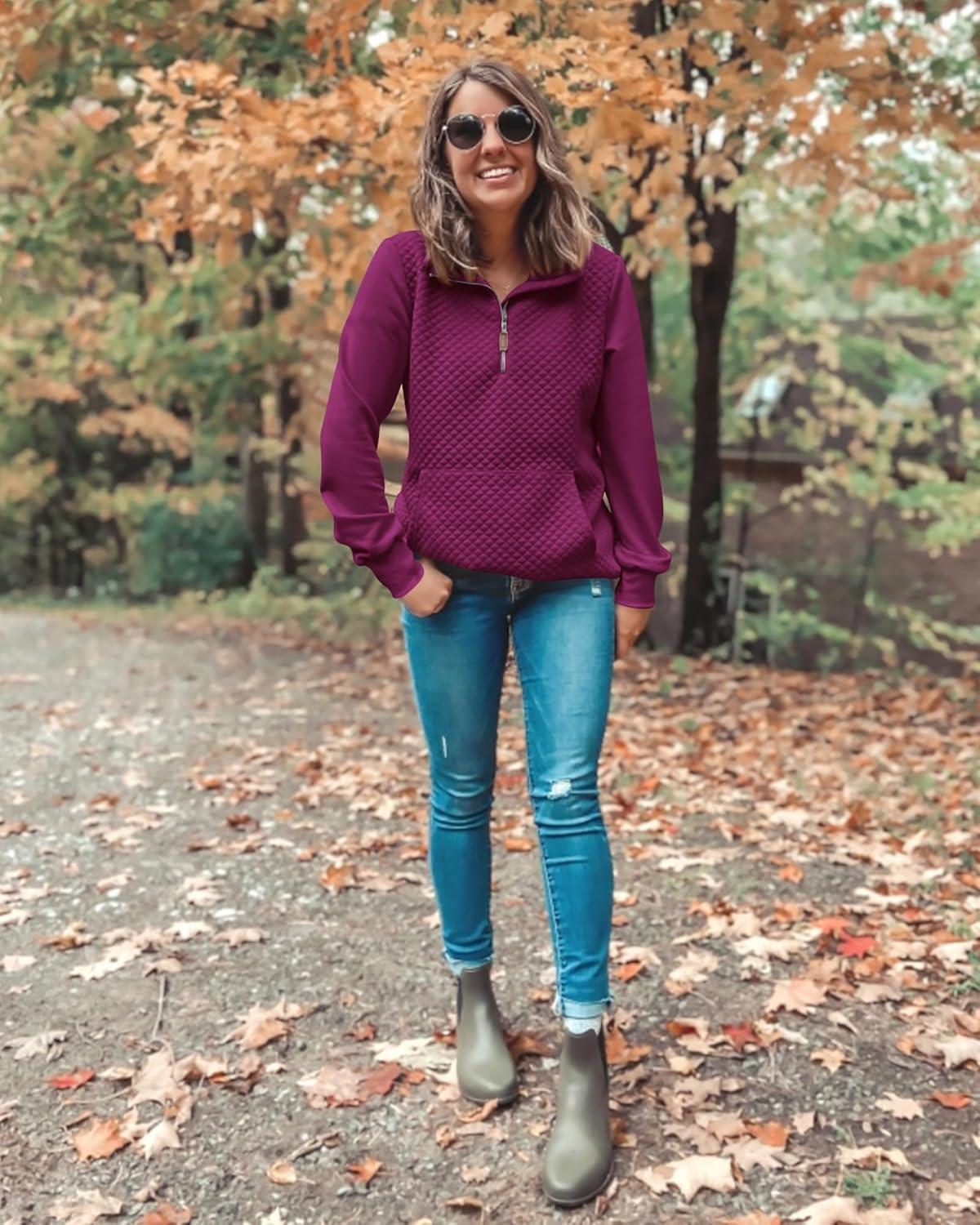 imageBTFBM Women Fashion Quilted Pattern Lightweight Zipper Long Sleeve Plain Casual Ladies Sweatshirts Pullovers Shirts TopsPurple Red