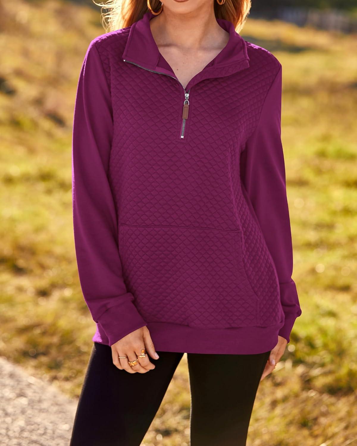 imageBTFBM Women Fashion Quilted Pattern Lightweight Zipper Long Sleeve Plain Casual Ladies Sweatshirts Pullovers Shirts TopsPurple Red