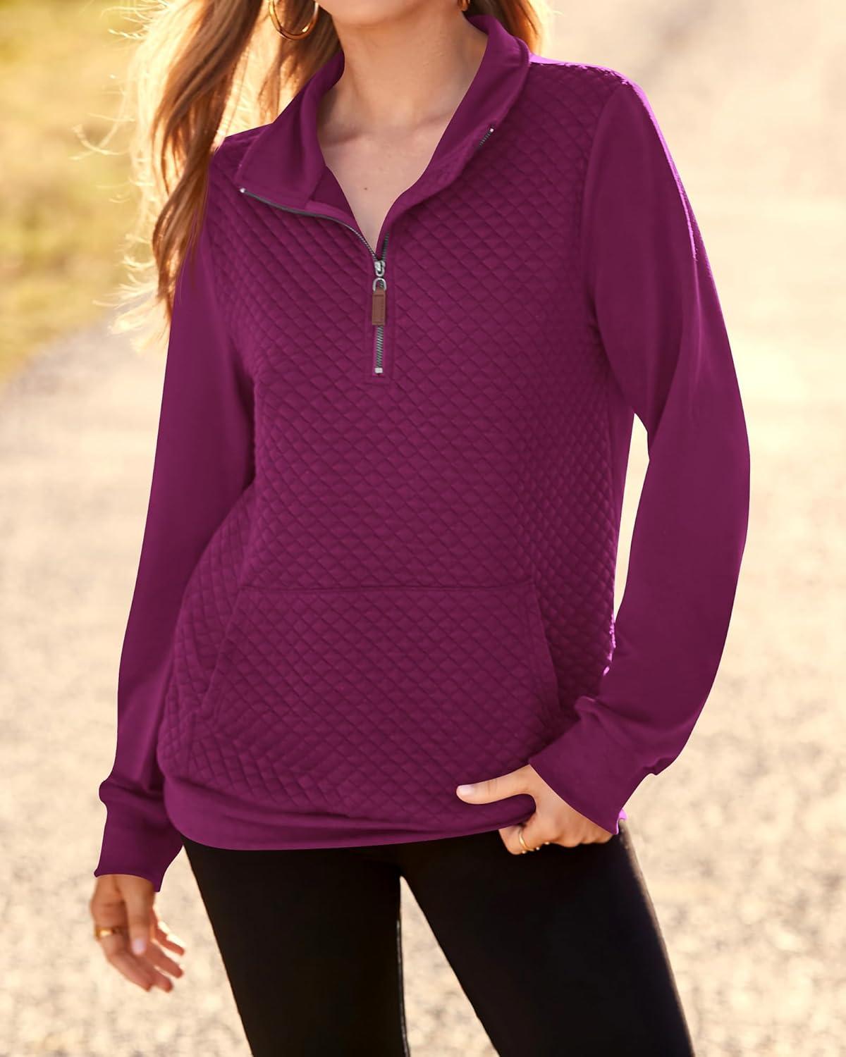 imageBTFBM Women Fashion Quilted Pattern Lightweight Zipper Long Sleeve Plain Casual Ladies Sweatshirts Pullovers Shirts TopsPurple Red