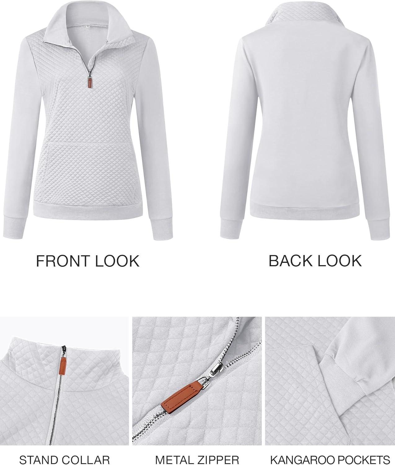 imageBTFBM Women Fashion Quilted Pattern Lightweight Zipper Long Sleeve Plain Casual Ladies Sweatshirts Pullovers Shirts TopsWhite