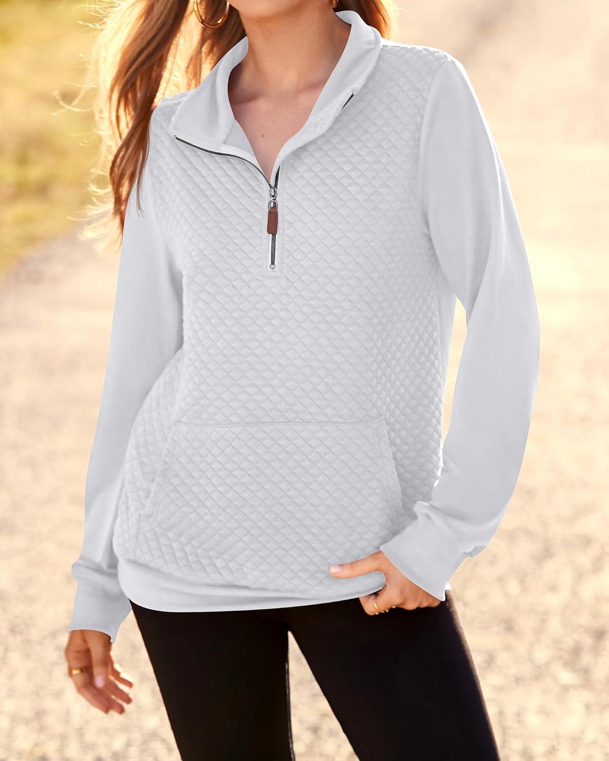 imageBTFBM Women Fashion Quilted Pattern Lightweight Zipper Long Sleeve Plain Casual Ladies Sweatshirts Pullovers Shirts TopsWhite