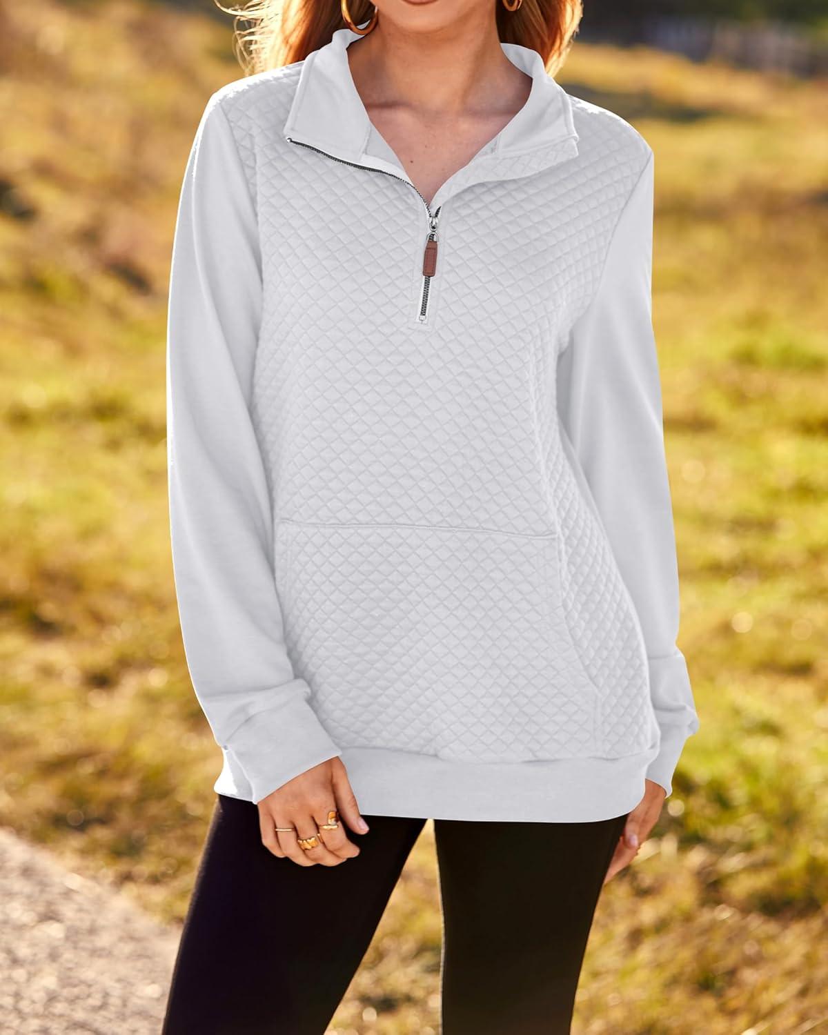 imageBTFBM Women Fashion Quilted Pattern Lightweight Zipper Long Sleeve Plain Casual Ladies Sweatshirts Pullovers Shirts TopsWhite