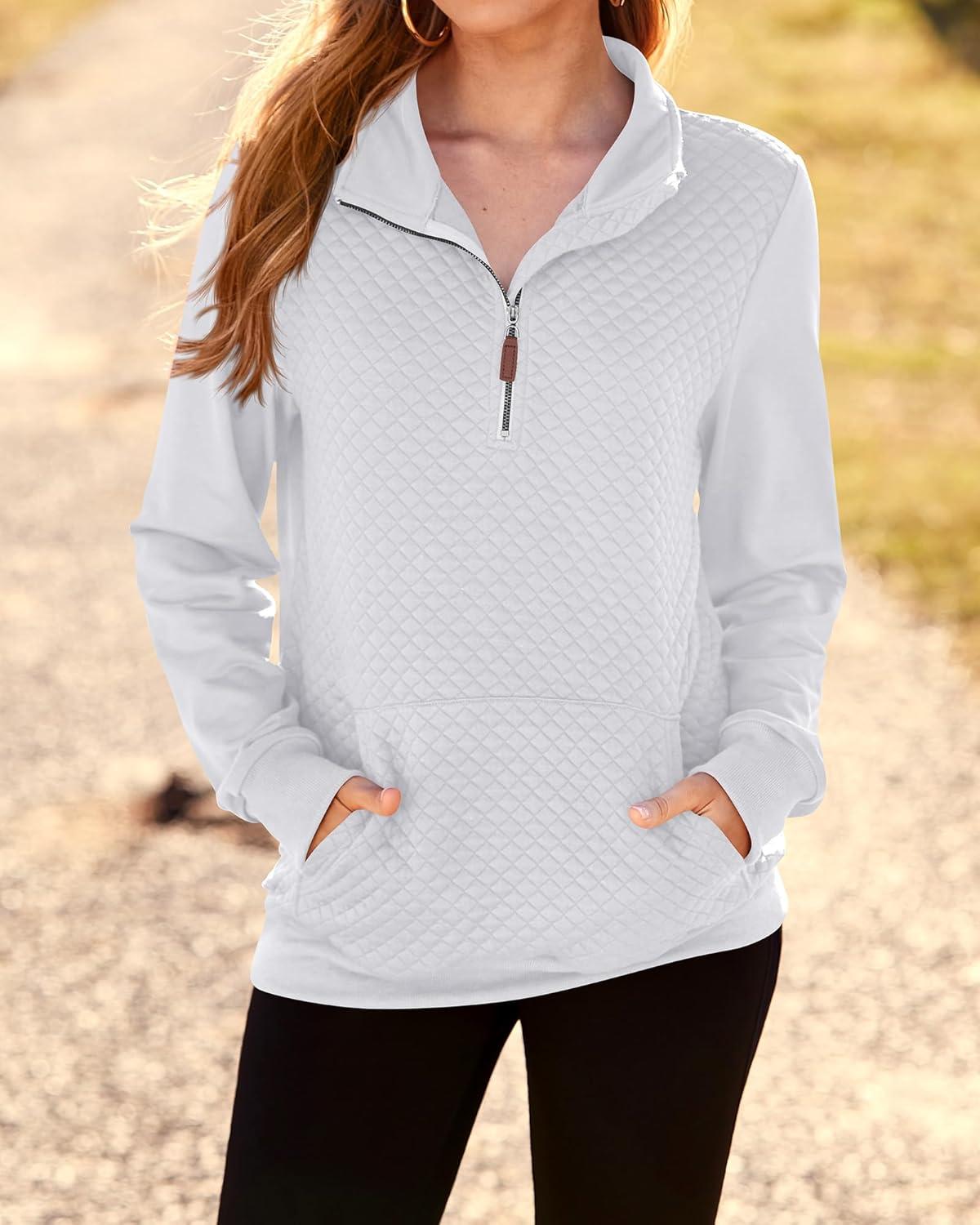 imageBTFBM Women Fashion Quilted Pattern Lightweight Zipper Long Sleeve Plain Casual Ladies Sweatshirts Pullovers Shirts TopsWhite