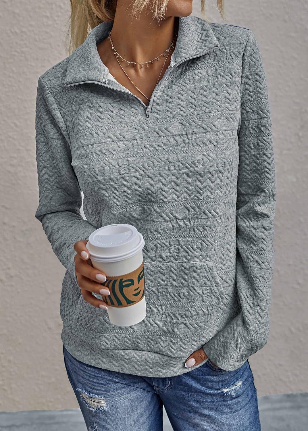 imageBTFBM Women Fashion Quilted Pattern Lightweight Zipper Long Sleeve Plain Casual Ladies Sweatshirts Pullovers Shirts TopsWhite and Grey