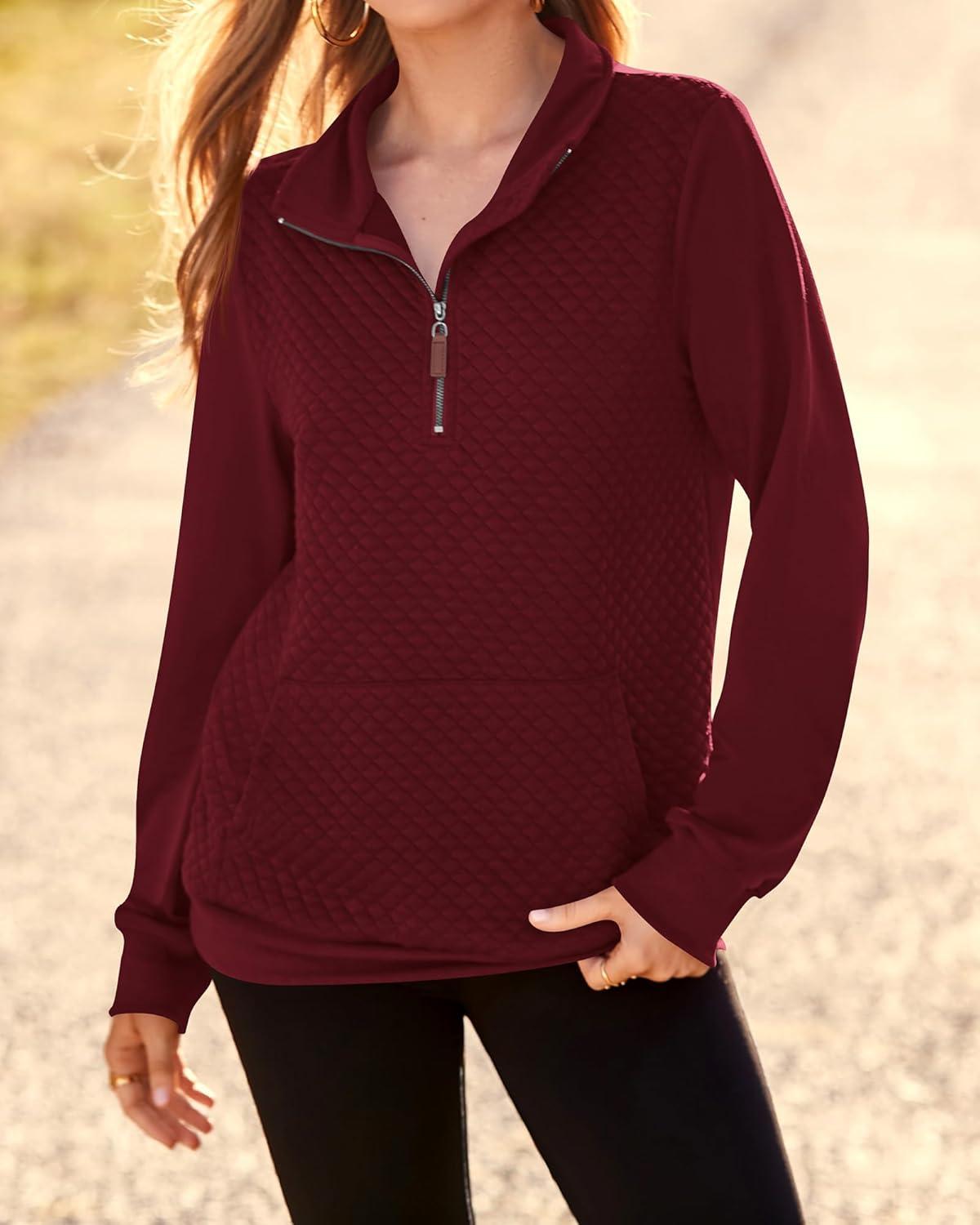imageBTFBM Women Fashion Quilted Pattern Lightweight Zipper Long Sleeve Plain Casual Ladies Sweatshirts Pullovers Shirts TopsWine Red