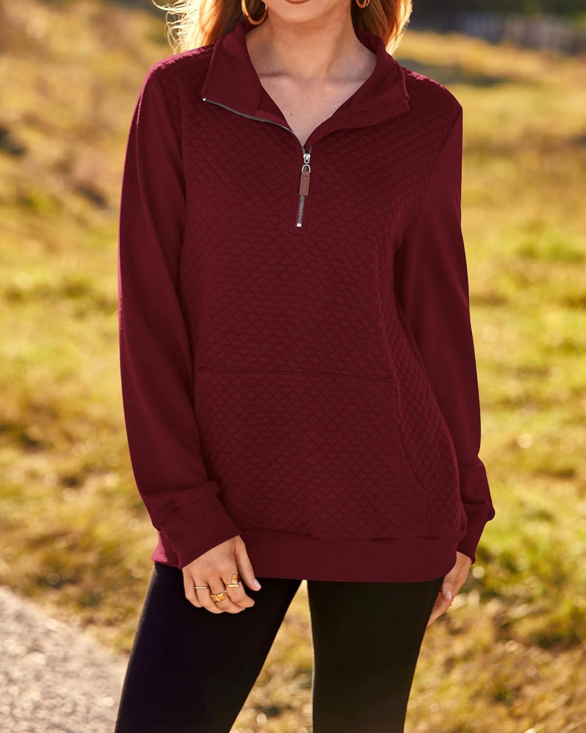 imageBTFBM Women Fashion Quilted Pattern Lightweight Zipper Long Sleeve Plain Casual Ladies Sweatshirts Pullovers Shirts TopsWine Red