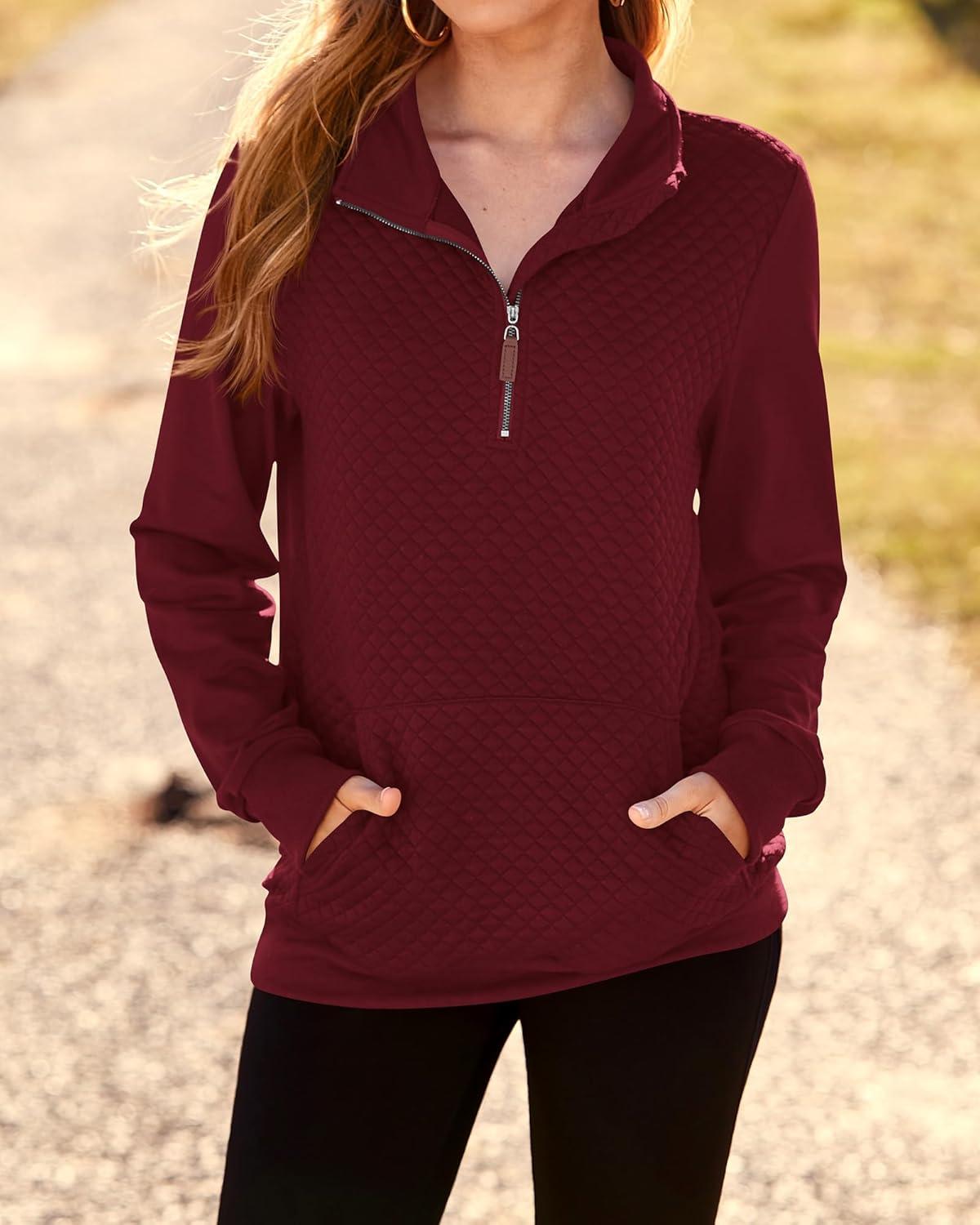 imageBTFBM Women Fashion Quilted Pattern Lightweight Zipper Long Sleeve Plain Casual Ladies Sweatshirts Pullovers Shirts TopsWine Red