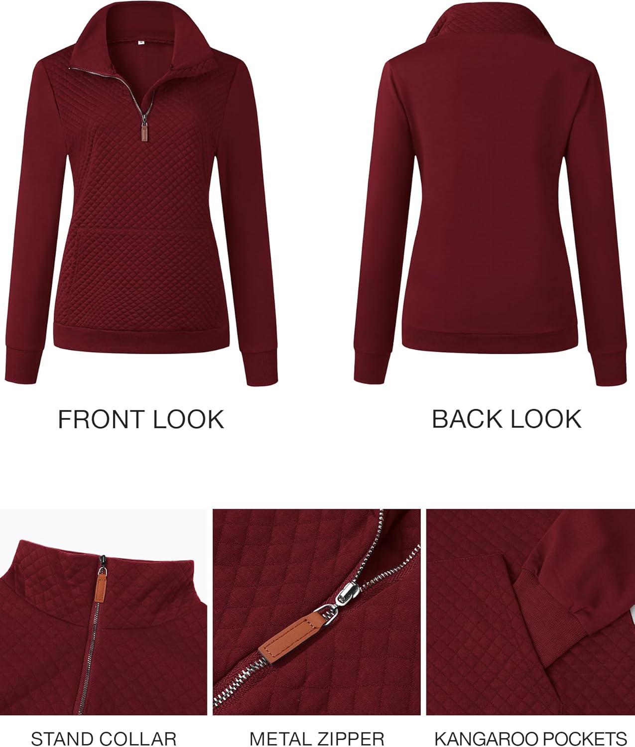 imageBTFBM Women Fashion Quilted Pattern Lightweight Zipper Long Sleeve Plain Casual Ladies Sweatshirts Pullovers Shirts TopsWine Red