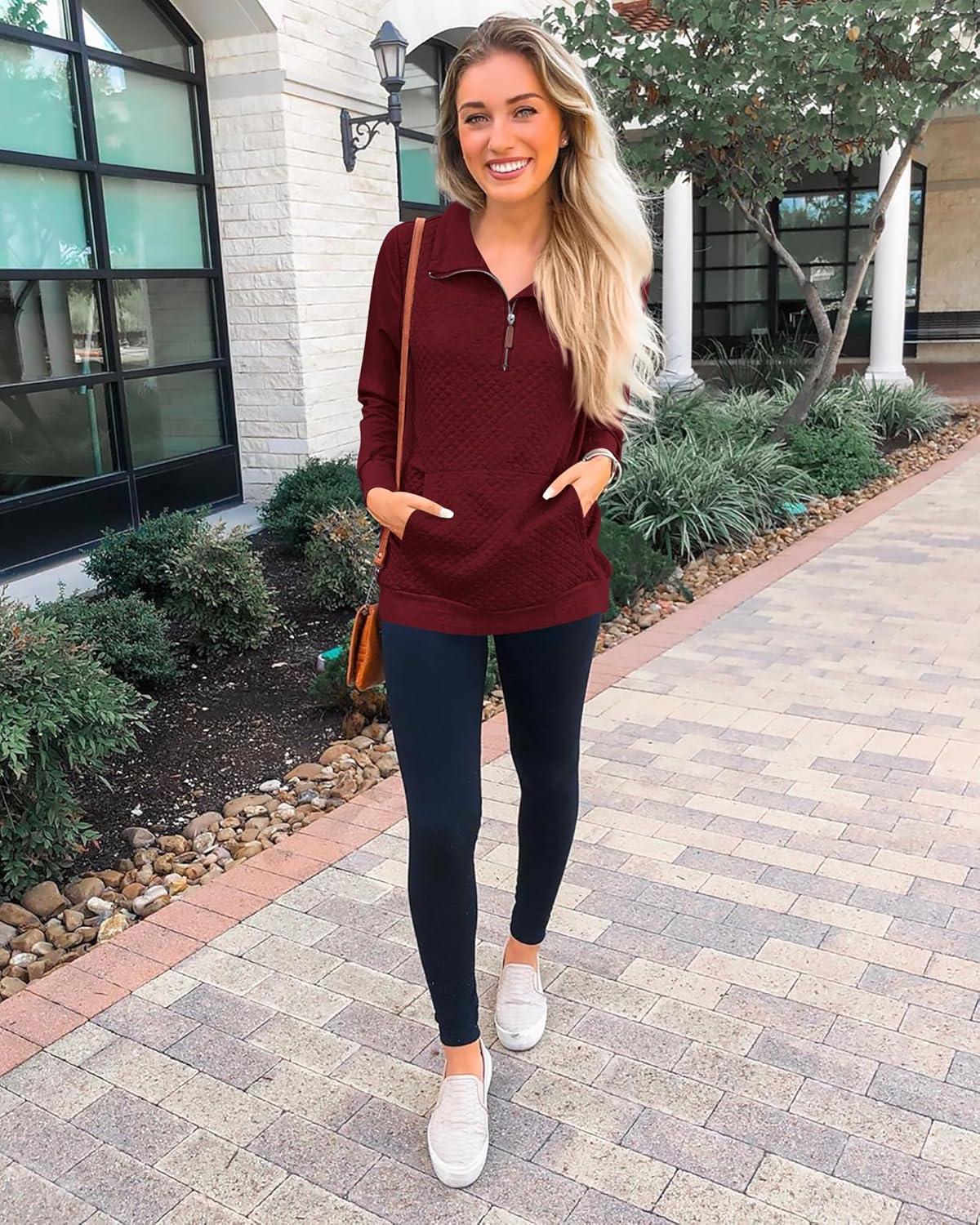 imageBTFBM Women Fashion Quilted Pattern Lightweight Zipper Long Sleeve Plain Casual Ladies Sweatshirts Pullovers Shirts TopsWine Red