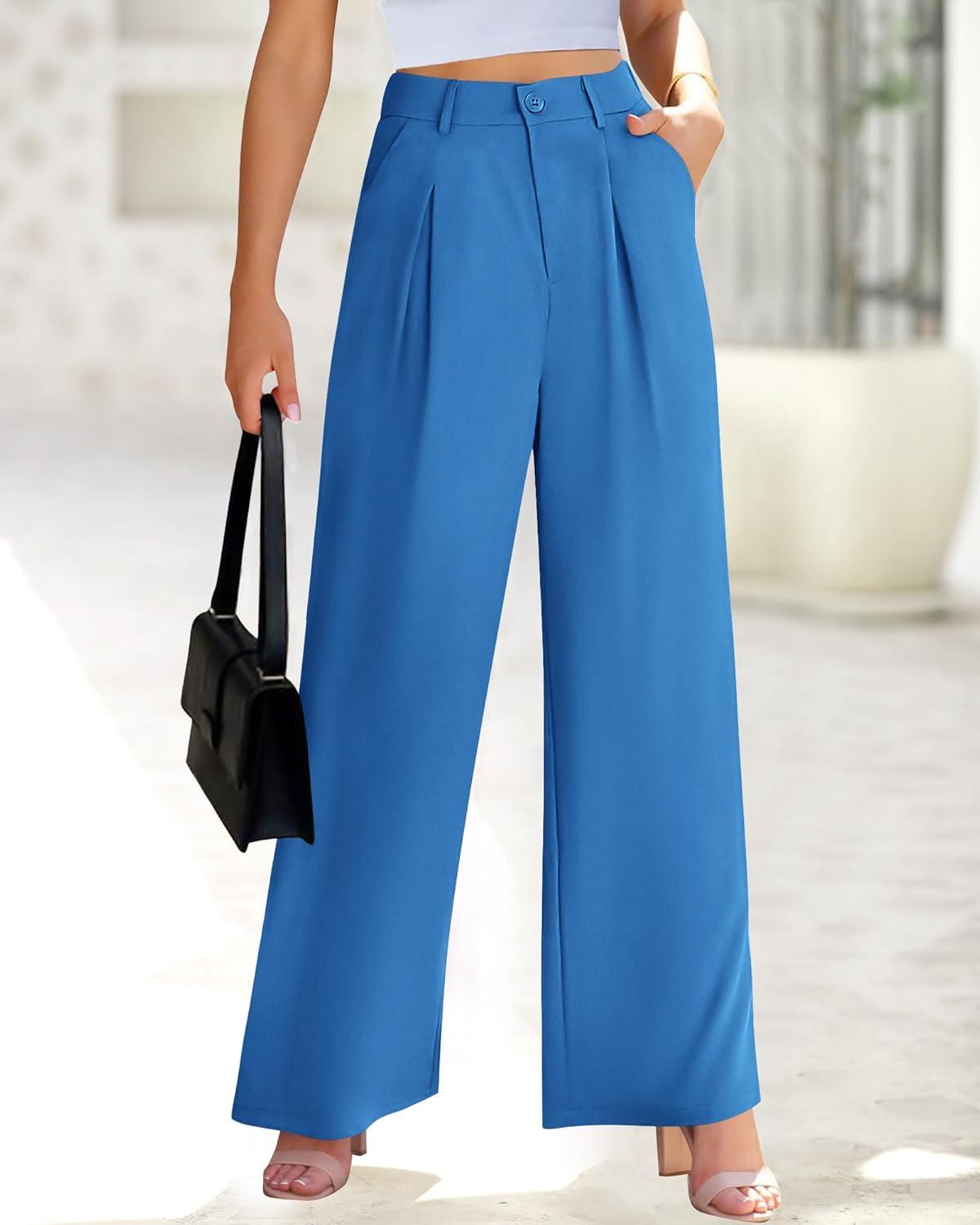 imageBTFBM Women High Waist Palazzo Pants Spring 2026 Casual Wide Leg Trousers Loose Work Office Business Suit Pant PocketsBlue