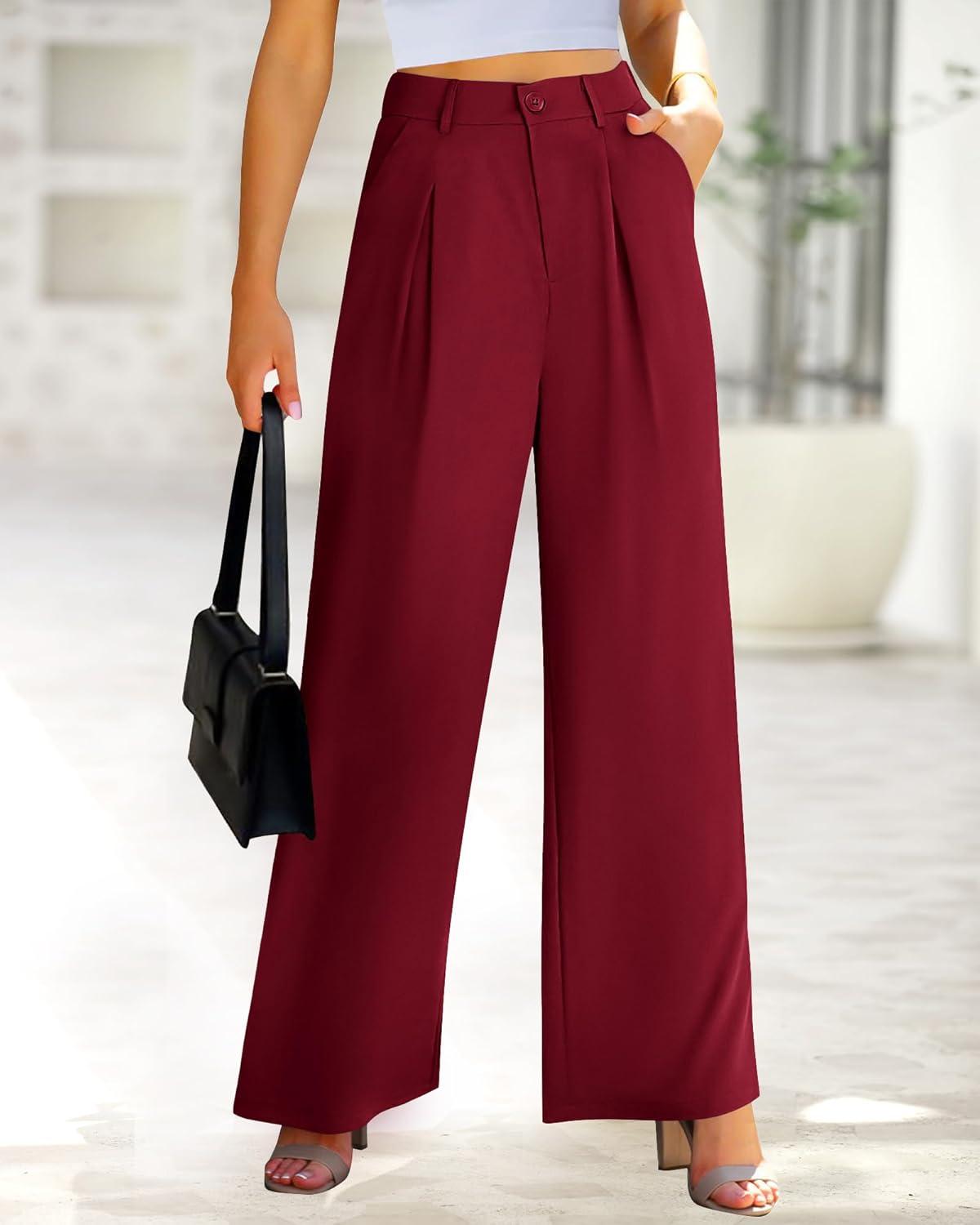 imageBTFBM Women High Waist Palazzo Pants Spring 2026 Casual Wide Leg Trousers Loose Work Office Business Suit Pant PocketsBurgundy