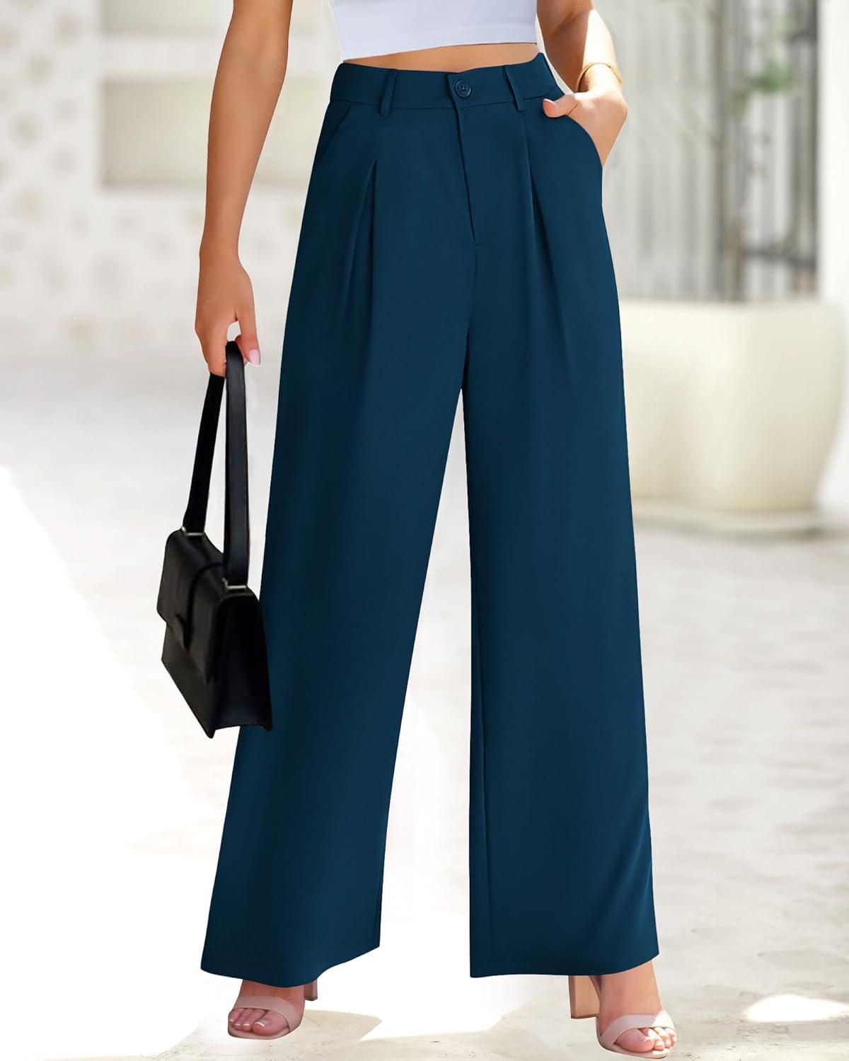 imageBTFBM Women High Waist Palazzo Pants Spring 2026 Casual Wide Leg Trousers Loose Work Office Business Suit Pant PocketsDark Blue
