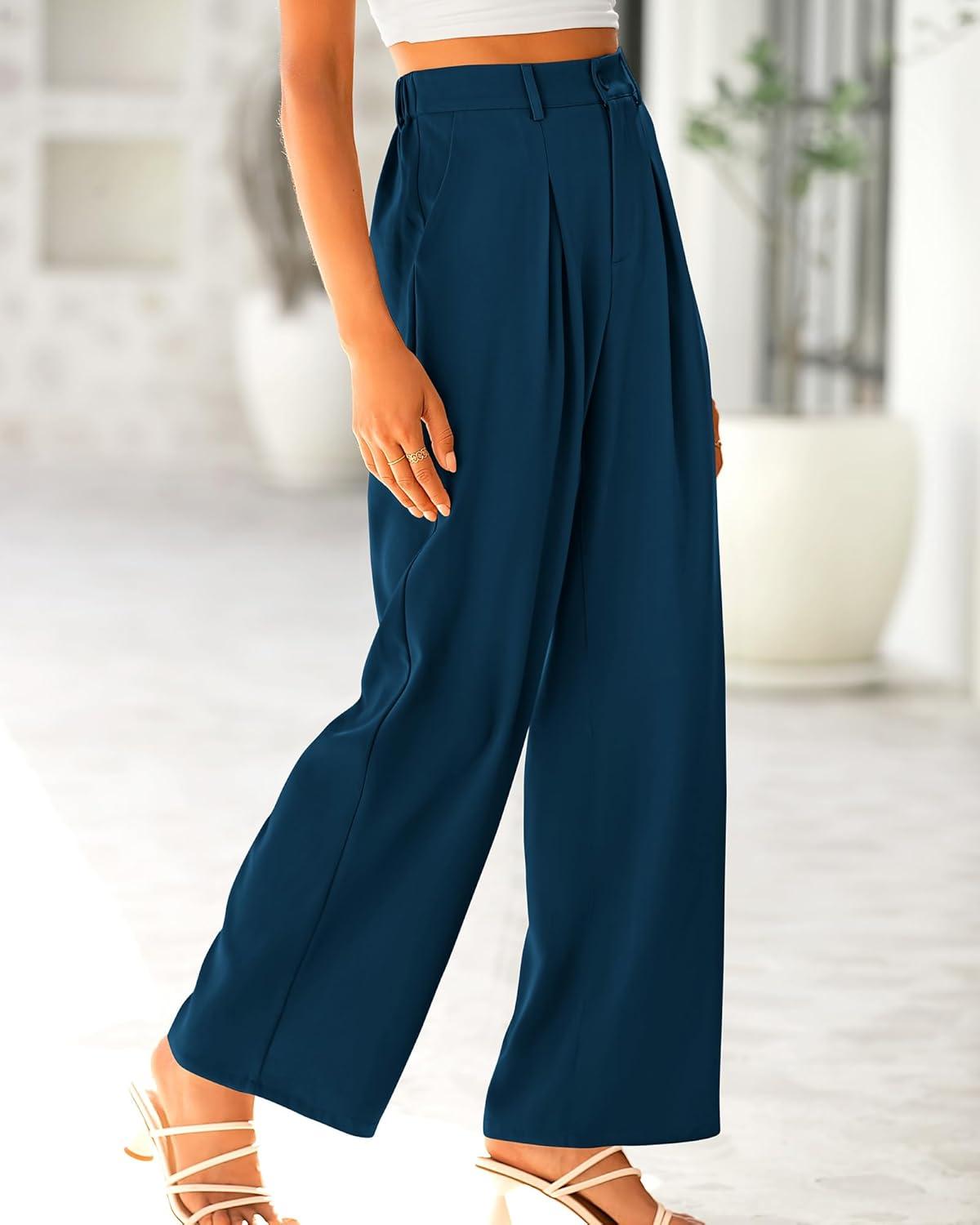 imageBTFBM Women High Waist Palazzo Pants Spring 2026 Casual Wide Leg Trousers Loose Work Office Business Suit Pant PocketsDark Blue