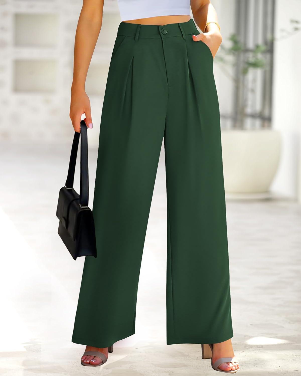 imageBTFBM Women High Waist Palazzo Pants Spring 2026 Casual Wide Leg Trousers Loose Work Office Business Suit Pant PocketsDark Green