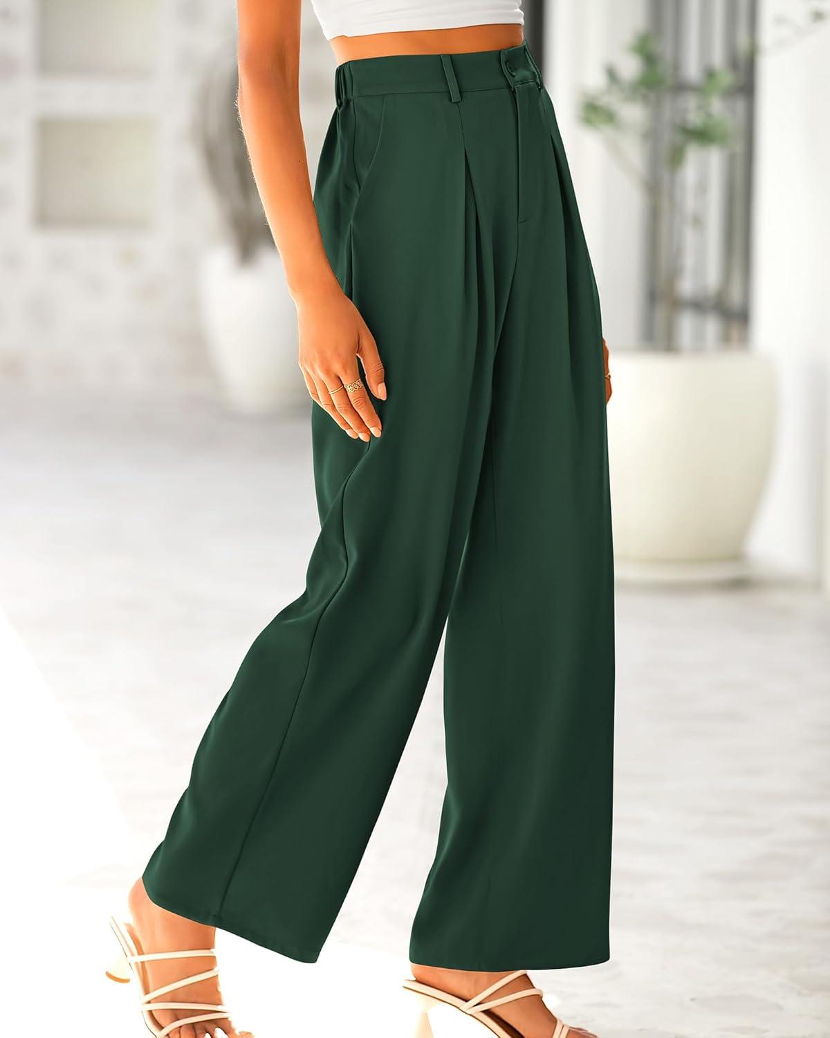 imageBTFBM Women High Waist Palazzo Pants Spring 2026 Casual Wide Leg Trousers Loose Work Office Business Suit Pant PocketsDark Green