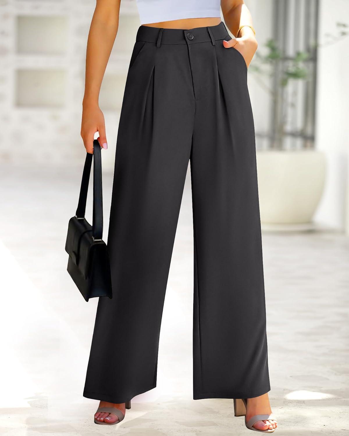 imageBTFBM Women High Waist Palazzo Pants Spring 2026 Casual Wide Leg Trousers Loose Work Office Business Suit Pant PocketsDark Grey