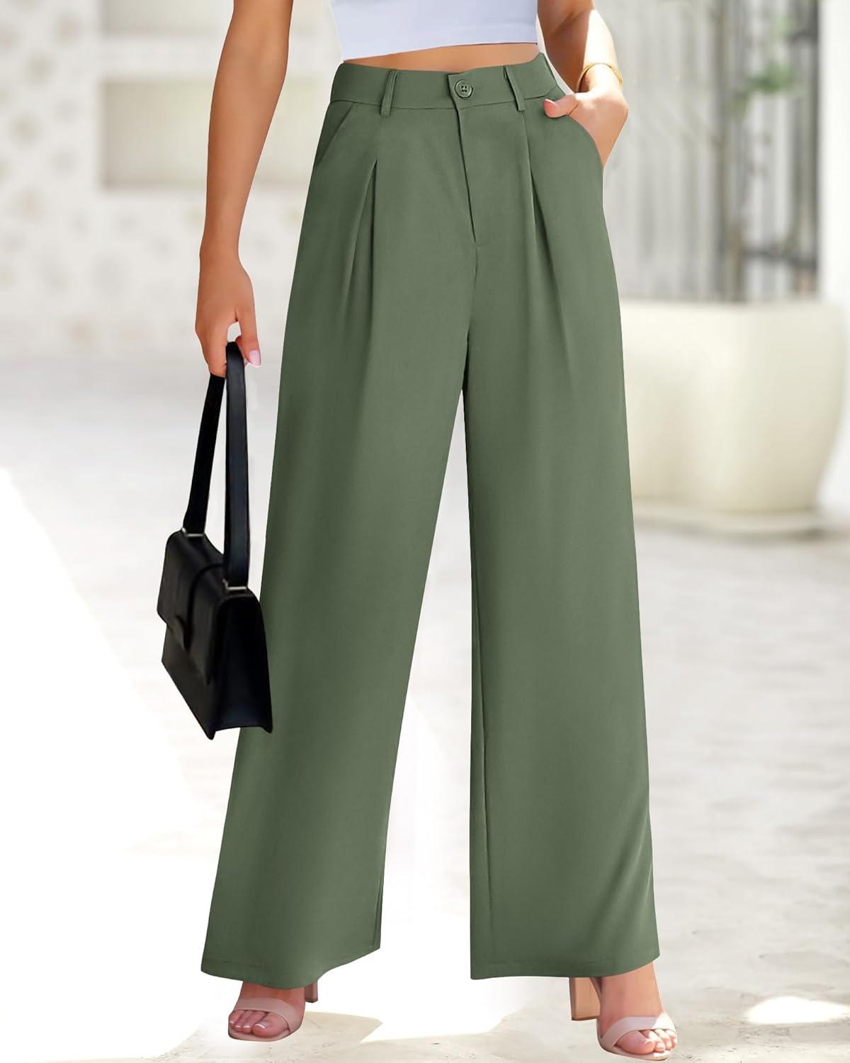 imageBTFBM Women High Waist Palazzo Pants Spring 2026 Casual Wide Leg Trousers Loose Work Office Business Suit Pant PocketsGrey Green