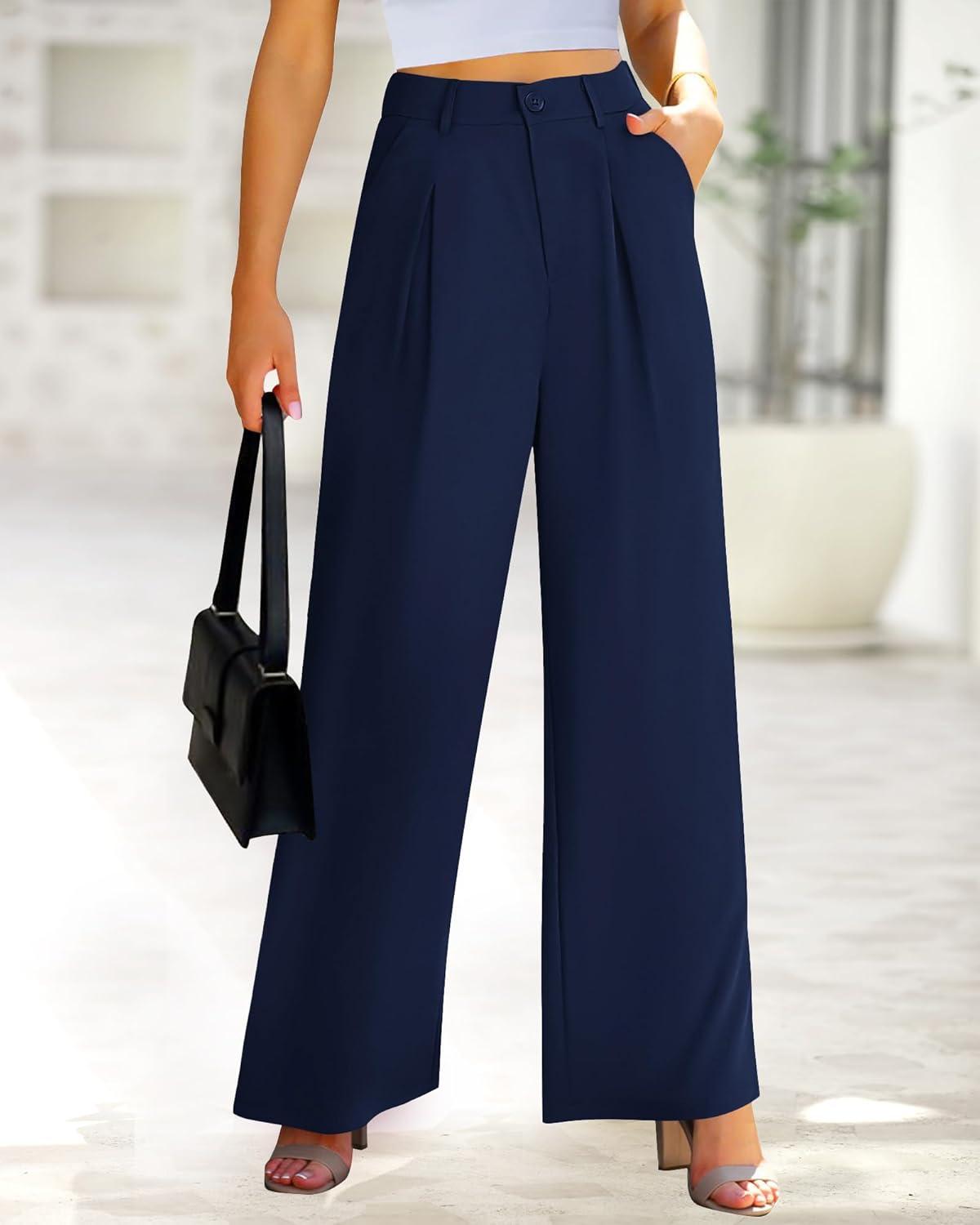 imageBTFBM Women High Waist Palazzo Pants Spring 2026 Casual Wide Leg Trousers Loose Work Office Business Suit Pant PocketsNavy