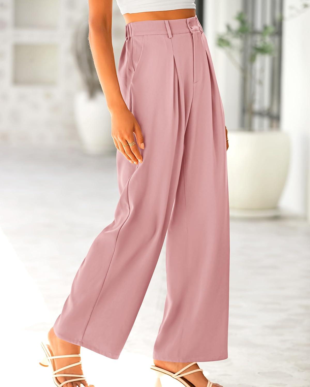 imageBTFBM Women High Waist Palazzo Pants Spring 2026 Casual Wide Leg Trousers Loose Work Office Business Suit Pant PocketsPink