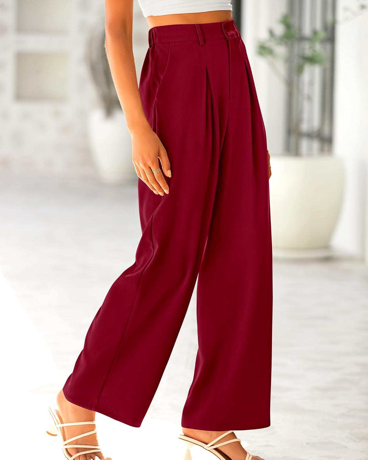 imageBTFBM Women High Waist Palazzo Pants Spring 2026 Casual Wide Leg Trousers Loose Work Office Business Suit Pant PocketsRed