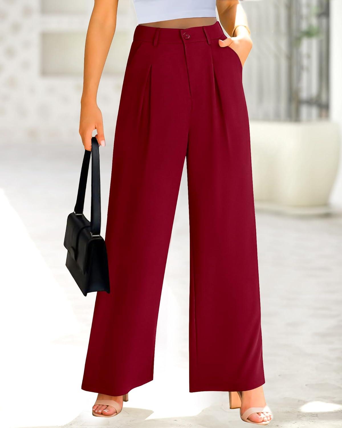 imageBTFBM Women High Waist Palazzo Pants Spring 2026 Casual Wide Leg Trousers Loose Work Office Business Suit Pant PocketsRed
