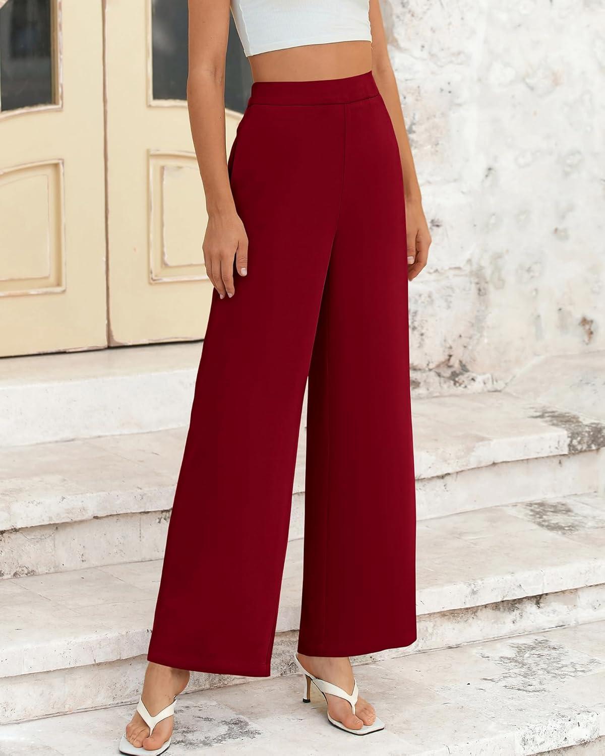 imageBTFBM Women High Waisted Wide Leg Pants Spring 2026 Business Casual Work Pants Loose Office Palazzo Trousers PocketsBurgundy
