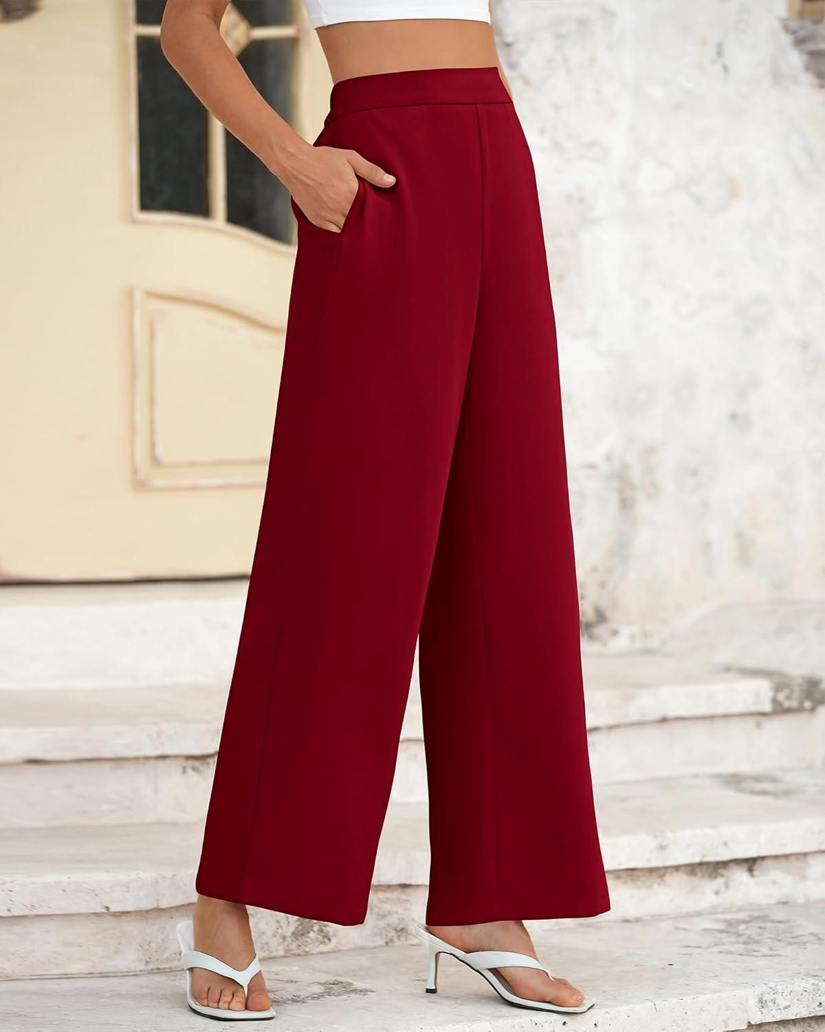 imageBTFBM Women High Waisted Wide Leg Pants Spring 2026 Business Casual Work Pants Loose Office Palazzo Trousers PocketsBurgundy