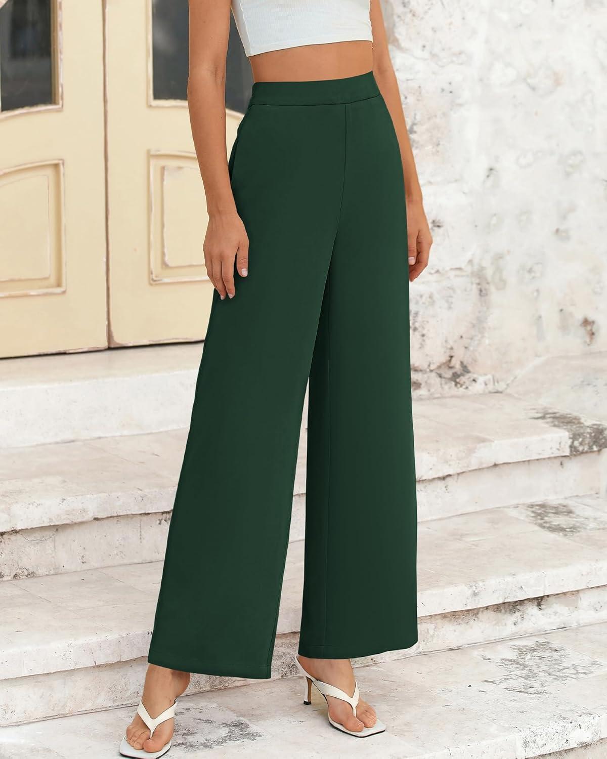 imageBTFBM Women High Waisted Wide Leg Pants Spring 2026 Business Casual Work Pants Loose Office Palazzo Trousers PocketsDark Green