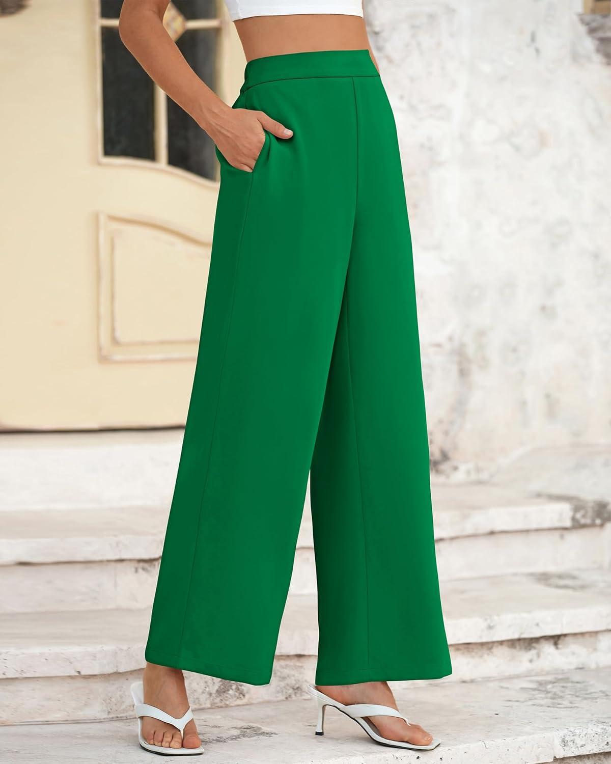 imageBTFBM Women High Waisted Wide Leg Pants Spring 2026 Business Casual Work Pants Loose Office Palazzo Trousers PocketsGreen