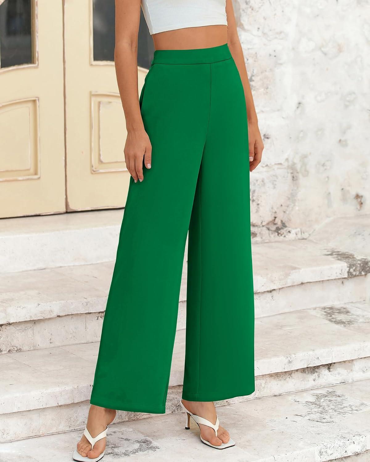 imageBTFBM Women High Waisted Wide Leg Pants Spring 2026 Business Casual Work Pants Loose Office Palazzo Trousers PocketsGreen