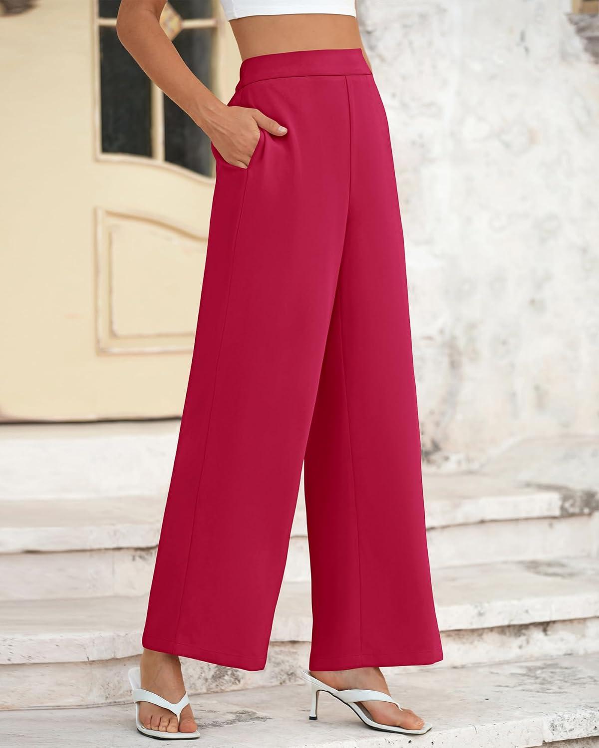 imageBTFBM Women High Waisted Wide Leg Pants Spring 2026 Business Casual Work Pants Loose Office Palazzo Trousers PocketsRose Red