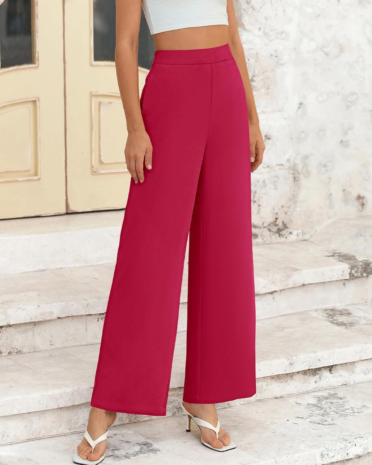 imageBTFBM Women High Waisted Wide Leg Pants Spring 2026 Business Casual Work Pants Loose Office Palazzo Trousers PocketsRose Red