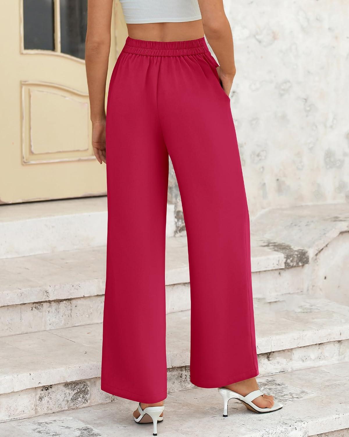 imageBTFBM Women High Waisted Wide Leg Pants Spring 2026 Business Casual Work Pants Loose Office Palazzo Trousers PocketsRose Red